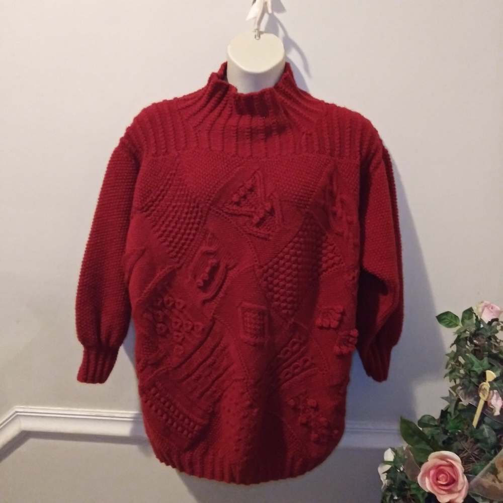 3/$18 Vintage Cottagecore Style Handknit Red Multi-Patterned Wool Sweater - Picture 13 of 13